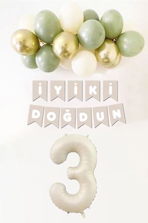 3 Yaş Doğum Günü Küf Yeşili Deniz Kumu Gold Balonlu Bannerlı Doğum Günü Balon Seti