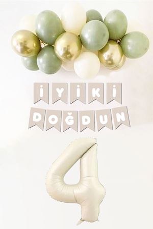 4 Yaş Doğum Günü Küf Yeşili Deniz Kumu Gold Balonlu Bannerlı Doğum Günü Balon Seti