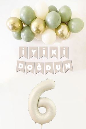 6 Yaş Doğum Günü Küf Yeşili Deniz Kumu Gold Balonlu Bannerlı Doğum Günü Balon Seti