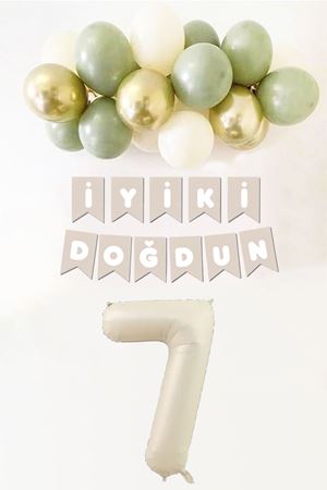 7 Yaş Doğum Günü Küf Yeşili Deniz Kumu Gold Balonlu Bannerlı Doğum Günü Balon Seti