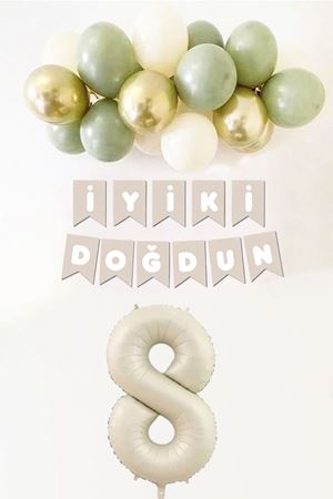 8 Yaş Doğum Günü Küf Yeşili Deniz Kumu Gold Balonlu Bannerlı Doğum Günü Balon Seti