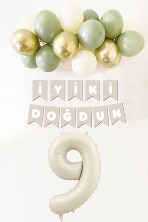 9 Yaş Doğum Günü Küf Yeşili Deniz Kumu Gold Balonlu Bannerlı Doğum Günü Balon Seti