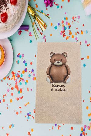 Retro Ayı Tema İsme Özel Baskılı Doğum Günü 6 Ay Peçetesi Kraft Peçete 10 Adet