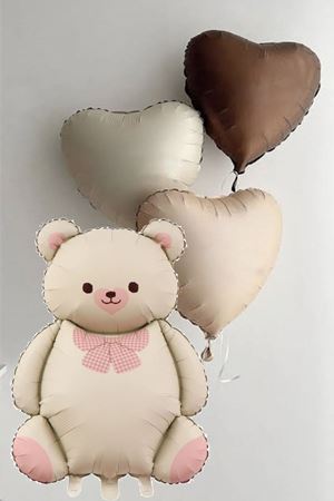 Retro Papyonlu Ayı Krem ve 3 Adet Retro Kalp Folyo Balon Seti