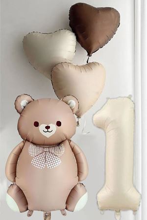1 Yaş Doğum Günü Karamel Papyonlu Ayı ve 3 Retro Kalp Balonlu Balon Seti