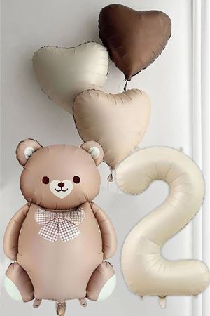 2 Yaş Doğum Günü Karamel Papyonlu Ayı ve 3 Retro Kalp Balonlu Balon Seti