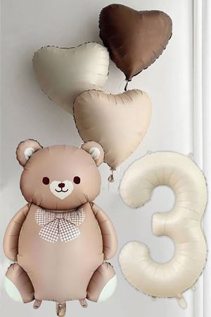 3 Yaş Doğum Günü Karamel Papyonlu Ayı ve 3 Retro Kalp Balonlu Balon Seti