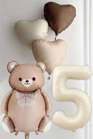 5 Yaş Doğum Günü Karamel Papyonlu Ayı ve 3 Retro Kalp Balonlu Balon Seti