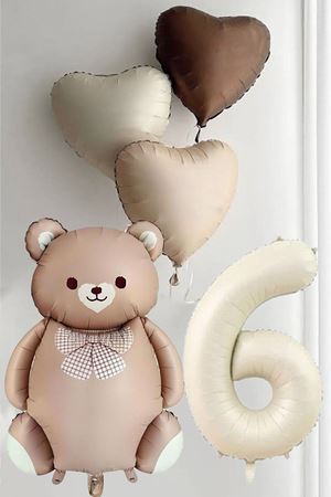 6 Yaş Doğum Günü Karamel Papyonlu Ayı ve 3 Retro Kalp Balonlu Balon Seti