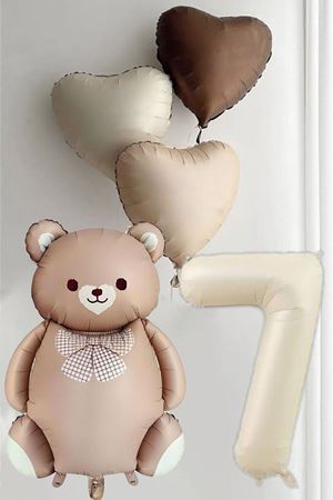 7 Yaş Doğum Günü Karamel Papyonlu Ayı ve 3 Retro Kalp Balonlu Balon Seti