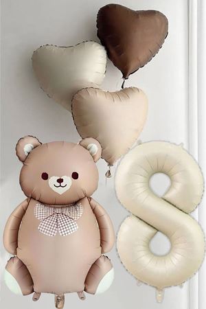 8 Yaş Doğum Günü Karamel Papyonlu Ayı ve 3 Retro Kalp Balonlu Balon Seti