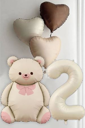 2 Yaş Doğum Günü Krem Papyonlu Ayı ve 3 Retro Kalp Balonlu Balon Seti
