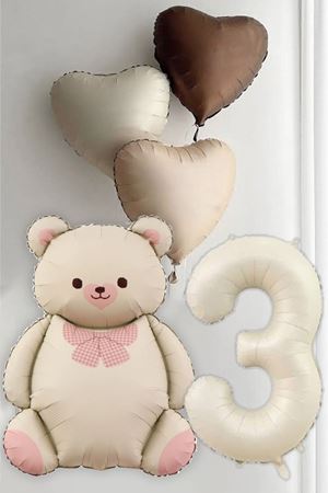 3 Yaş Doğum Günü Krem Papyonlu Ayı ve 3 Retro Kalp Balonlu Balon Seti
