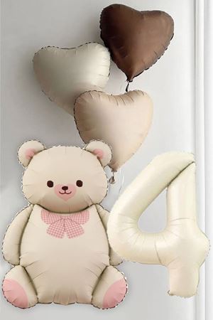 4 Yaş Doğum Günü Krem Papyonlu Ayı ve 3 Retro Kalp Balonlu Balon Seti