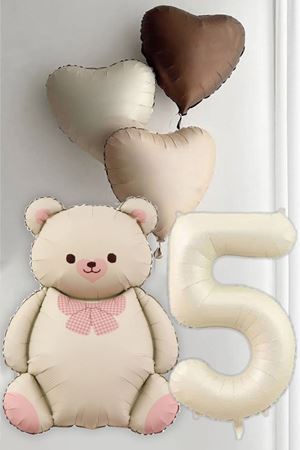 5 Yaş Doğum Günü Krem Papyonlu Ayı ve 3 Retro Kalp Balonlu Balon Seti