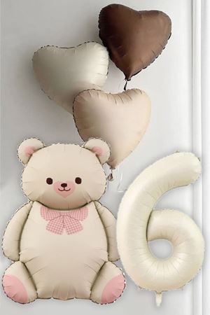 6 Yaş Doğum Günü Krem Papyonlu Ayı ve 3 Retro Kalp Balonlu Balon Seti