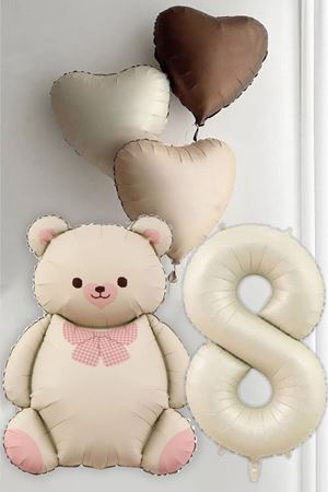 8 Yaş Doğum Günü Krem Papyonlu Ayı ve 3 Retro Kalp Balonlu Balon Seti