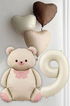 9 Yaş Doğum Günü Krem Papyonlu Ayı ve 3 Retro Kalp Balonlu Balon Seti