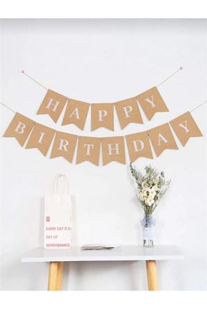 Kraft Üzeri Beyaz Yazılı Happy Birthday Banner İpli Doğum Günü Yazısı Banner