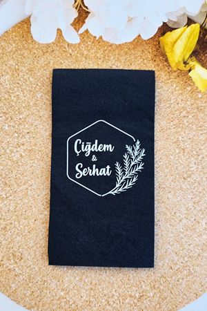 İsme Özel Baskılı Siyah Peçete Çiçek Desenli Düğün Nişan Peçetesi