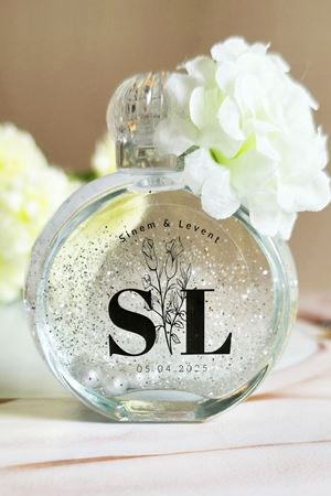 Yuvarlak Şişe İncili Simli Kolonya Hediyelik Nikah Şekeri