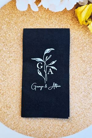 İsme Özel Baskılı Siyah Peçete Baş Harfli Düğün Nişan Peçetesi