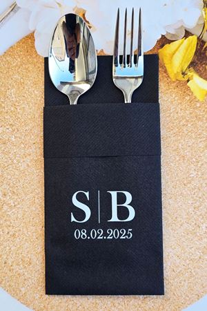 İsme Özel Baskılı Kumaş Dokulu Cepli Siyah Peçete Baş Harf ve Tarih Baskılı Peçete