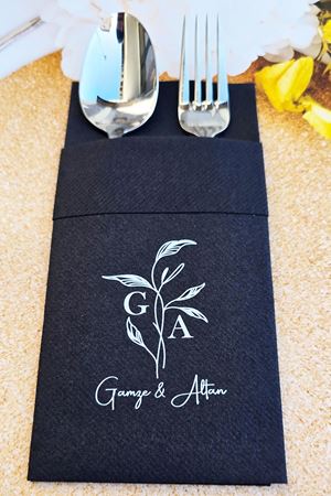 İsme Özel Baskılı Kumaş Dokulu Cepli Siyah Peçete