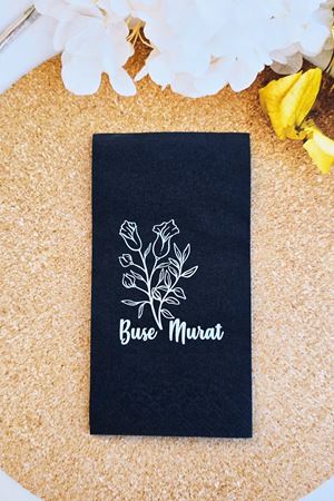 İsim Baskılı Çiçek Desenli Siyah Söz Nişan Düğün Peçetesi 10 Adet