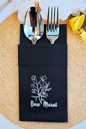 İsimli Kumaş Dokulu Cepli Siyah Peçete Söz Nişan Peçetesi 12li
