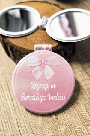 Bekarlığa Veda Hediyesi İsme Özel Kapaklı Makyaj Aynası 5 Adet Pembe Fiyonk