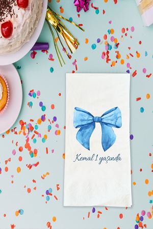 Mavi Fiyonk Kurdele Baskılı Peçete İsme Özel Doğum Günü Peçetesi 20 Adet