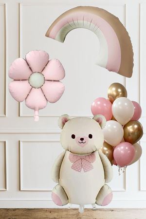 Retro Papyonlu Ayı Pembe Gökkuşağı Papatya Temalı Kız Doğum Günü Baby Shower Balon Seti