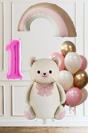 1 Yaş Doğum Günü Krem Papyonlu Ayı Pembe Gökkuşağı ve 10 Balonlu Balon Seti