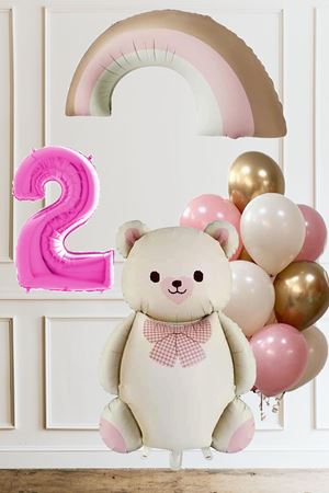2 Yaş Doğum Günü Krem Papyonlu Ayı Pembe Gökkuşağı ve 10 Balonlu Balon Seti