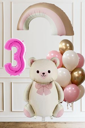 3 Yaş Doğum Günü Krem Papyonlu Ayı Pembe Gökkuşağı ve 10 Balonlu Balon Seti