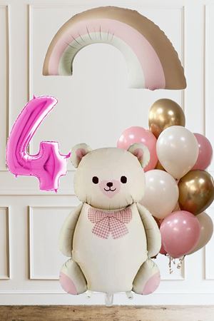4 Yaş Doğum Günü Krem Papyonlu Ayı Pembe Gökkuşağı ve 10 Balonlu Balon Seti