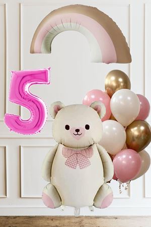 5 Yaş Doğum Günü Krem Papyonlu Ayı Pembe Gökkuşağı ve 10 Balonlu Balon Seti