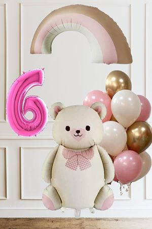 6 Yaş Doğum Günü Krem Papyonlu Ayı Pembe Gökkuşağı ve 10 Balonlu Balon Seti