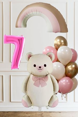7 Yaş Doğum Günü Krem Papyonlu Ayı Pembe Gökkuşağı ve 10 Balonlu Balon Seti