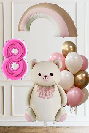 8 Yaş Doğum Günü Krem Papyonlu Ayı Pembe Gökkuşağı ve 10 Balonlu Balon Seti