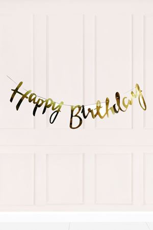Gold Happy Birthday El Yazısı Kaligrafi Banner Doğum Günü Duvar Süsü