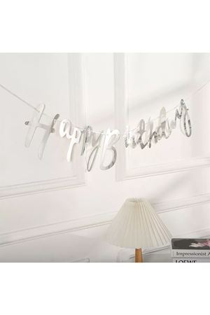 Gümüş Happy Birthday El Yazısı Kaligrafi Banner Doğum Günü Duvar Süsü