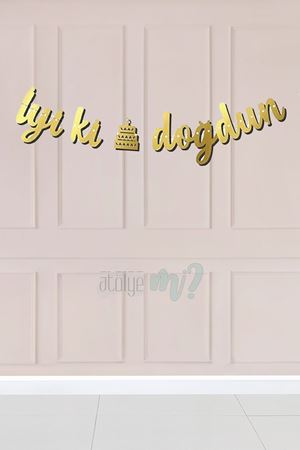 Gold İyi Ki Doğdun Banner Kaligrafi Doğum Günü Duvar Süsü