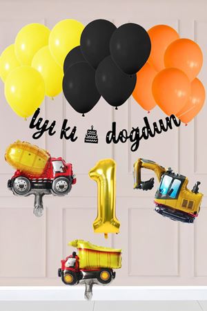 1 Yaş İnşaat Konsept Doğum Günü Balon Seti İnşaat Araçları Tema Balon Zinciri