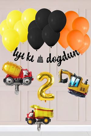 2 Yaş İnşaat Konsept Doğum Günü Balon Seti İnşaat Araçları Tema Balon Zinciri