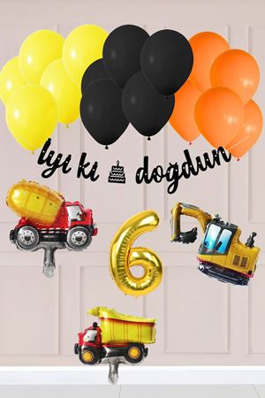 6 Yaş İnşaat Konsept Doğum Günü Balon Seti İnşaat Araçları Tema Balon Zinciri