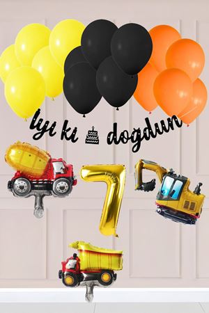 7 Yaş İnşaat Konsept Doğum Günü Balon Seti İnşaat Araçları Tema Balon Zinciri