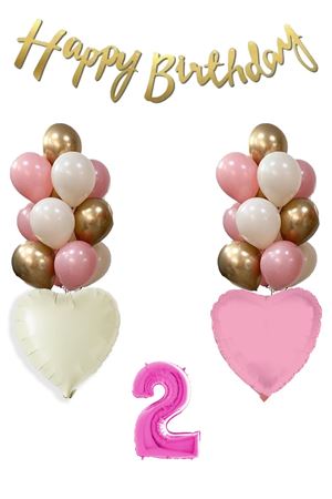 2 Yaş Pembe Kız Çocuk Doğum Günü Konsepti Balon Seti 16inç Pembe Rakam Happy Birthday Bannerlı Set