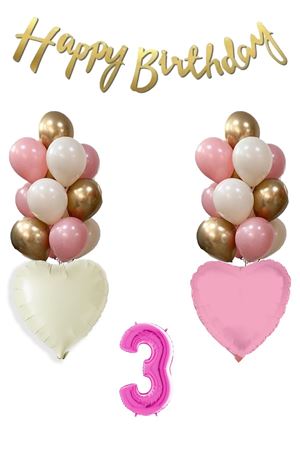 3 Yaş Pembe Kız Çocuk Doğum Günü Konsepti 16inç Pembe Rakam Happy Birthday Bannerlı Set 